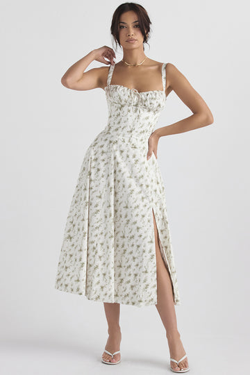 Woochic robe cocktail imprimée trapèze à bretelles fendue vert 8 S